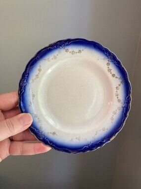 Vintage FC Co. Flow Blue China Saucer Plate With Gold Stars & Scalloped Edge 6"